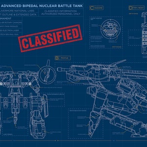 May include: A blueprint of a large, bipedal robot, labeled "Metal Gear Rex: Advanced Bipedal Nuclear Battle Tank." The blueprint shows the robot's front, profile, and top views, with detailed annotations and measurements. The robot is armed with a variety of weapons, including rotary cannons, anti-tank missiles, and a free electron laser. The blueprint is marked "CLASSIFIED INFORMATION: AUTHORIZED PERSONNEL ONLY."
