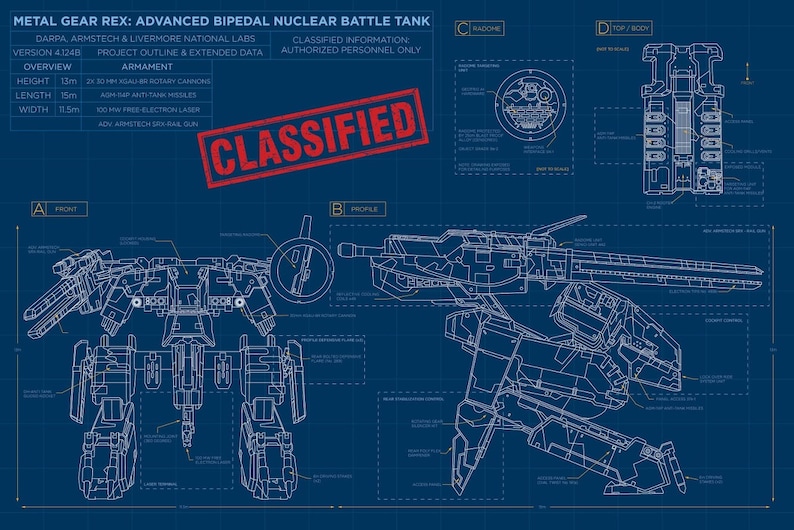 May include: A blueprint of a large, bipedal robot, labeled "Metal Gear Rex: Advanced Bipedal Nuclear Battle Tank." The blueprint shows the robot's front, profile, and top views, with detailed annotations and measurements. The robot is armed with a variety of weapons, including rotary cannons, anti-tank missiles, and a free electron laser. The blueprint is marked "CLASSIFIED INFORMATION: AUTHORIZED PERSONNEL ONLY."