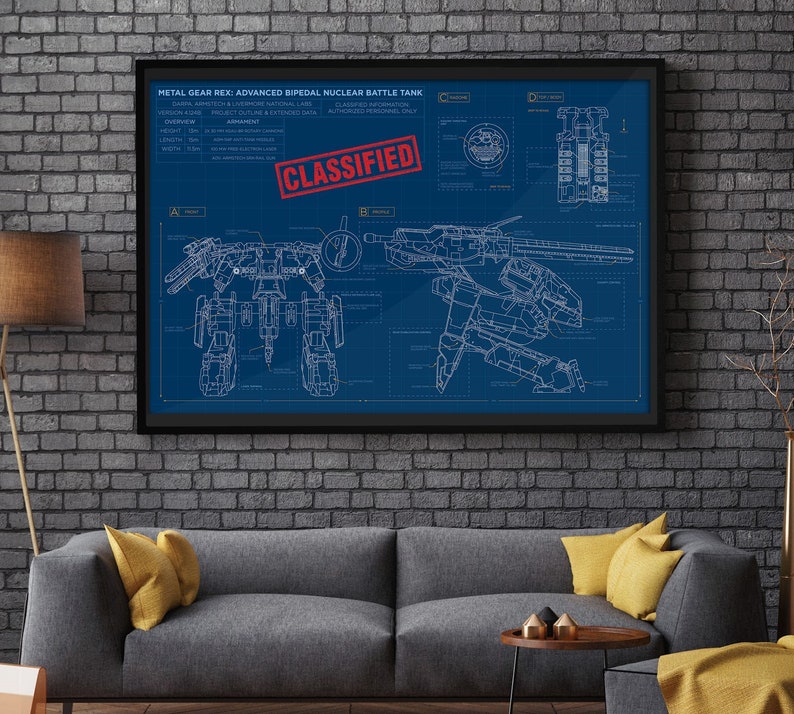 May include: A blueprint style poster of a Metal Gear Rex, a large bipedal nuclear battle tank. The poster is framed in black and has a red stamp that says "CLASSIFIED".