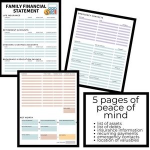 May include: A printable financial statement worksheet with five pages. The pages include sections for life insurance, retirement accounts, checking and savings accounts, brokerage and education savings, emergency contacts, and net worth. The worksheet is designed to help people organise their finances and track their assets and debts.