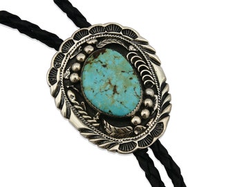 Navajo Style Slide Vintage Native American Western Wear Royston Turquoise Bolo Tie Hand Crafted Sterling Silver Rope w Sun Rays Border