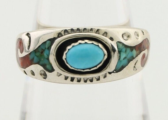 Navajo Ring 925 Silver Turquoise & Coral Natural … - image 4