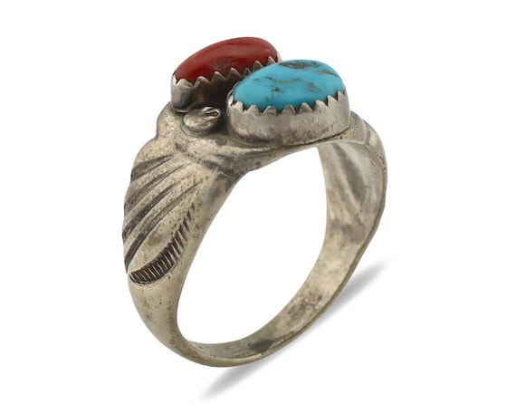 Zuni Ring .925 Silver Natural Turquoise & Coral N… - image 2