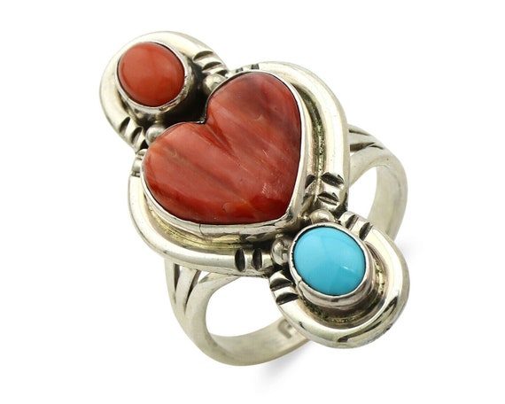 Navajo Signed WR .925 Silver Natural Coral & Turquoise Adjustable Ring 