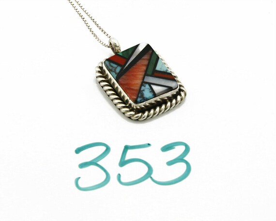 C.80-90's Navajo Doug Zachary .925 Silver Inlaid Gemstone Necklace