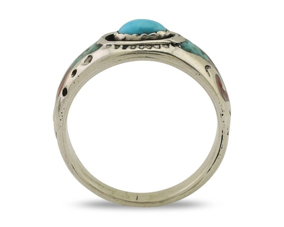 Navajo Ring 925 Silver Turquoise & Coral Natural … - image 3