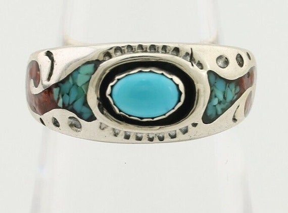 Navajo Ring 925 Silver Turquoise & Coral Natural … - image 4