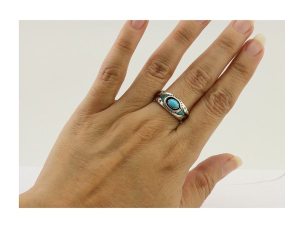 Navajo Ring 925 Silver Turquoise & Coral Natural … - image 8