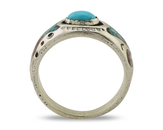 Navajo Ring 925 Silver Turquoise & Coral Natural … - image 3