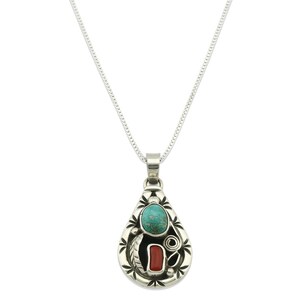 Navajo Necklace .925 Silver Natural Blue Turquoise & Coral Signed Tipi C.80&#39;s