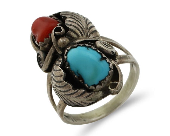 Navajo Handmade Ring 925 Silver Turquiose & Coral… - image 1