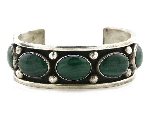 Navajo Cuff Bracelet .925 Silver Natural Malachit… - image 4