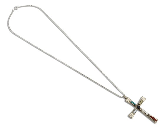 Zuni Handmade Cross Necklace 925 Silver Natural G… - image 2