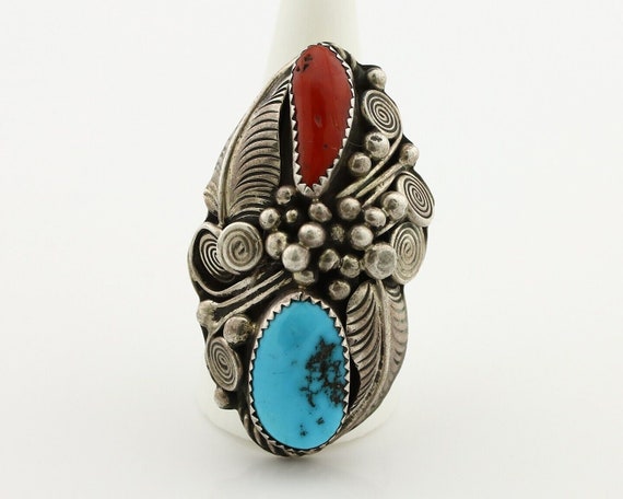 Navajo Ring 925 Silver Blue Turquiose & Coral Art… - image 4