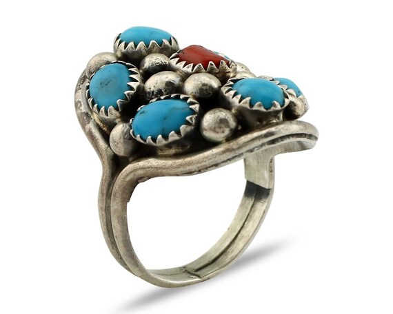 Navajo Ring 925 Silver Blue Turquiose & Coral Art… - image 2