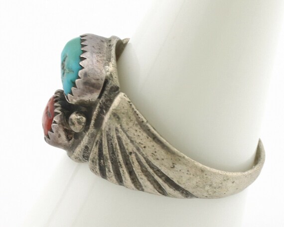Zuni Ring .925 Silver Natural Turquoise & Coral N… - image 5