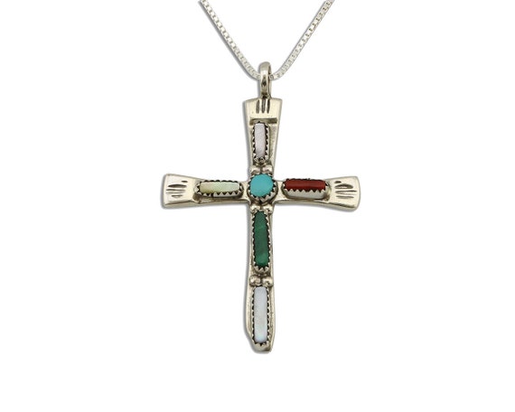 Zuni Handmade Cross Necklace 925 Silver Natural G… - image 1