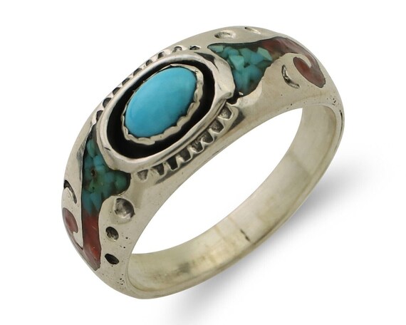 Navajo Ring 925 Silver Turquoise & Coral Natural … - image 1