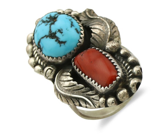 Intricate Vintage Native American Navajo Carico Lake Turquoise Coral Sterling Silver Ring Intricate Vintage Native American Navajo Carico Lake Turquoise Coral Sterling Silver Ring