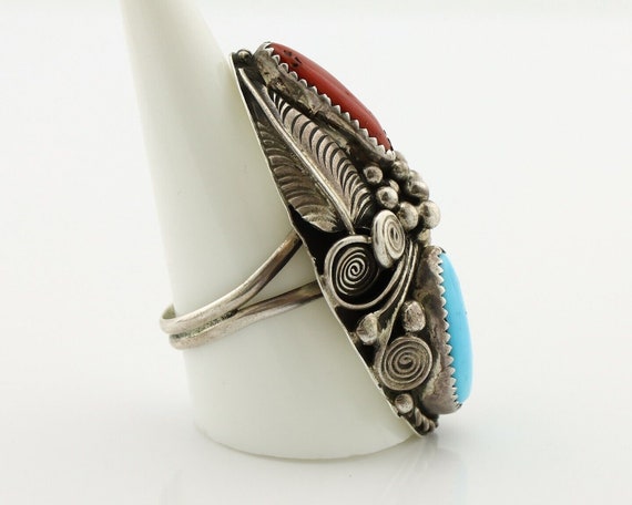 Navajo Ring 925 Silver Blue Turquiose & Coral Art… - image 6