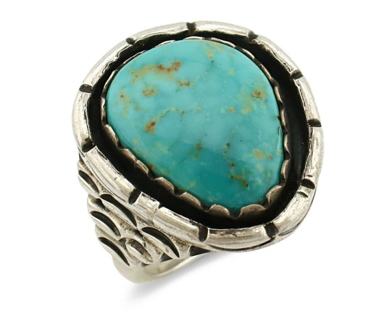 Navajo Ring .925 Silver Kingman Turquoise Signed … - image 1