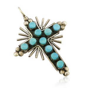 Zuni REAL Turquoise and Coral Reversible 925 Silver Handmade Cross Pendant