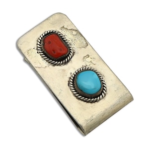Navajo Money Clip 925 Silver & 999 Nickel Natural Turquoise and Coral Artist C80