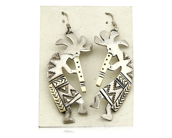 Navajo Dangle Earrings .925 Silver & 14k Solid Ye… - image 1