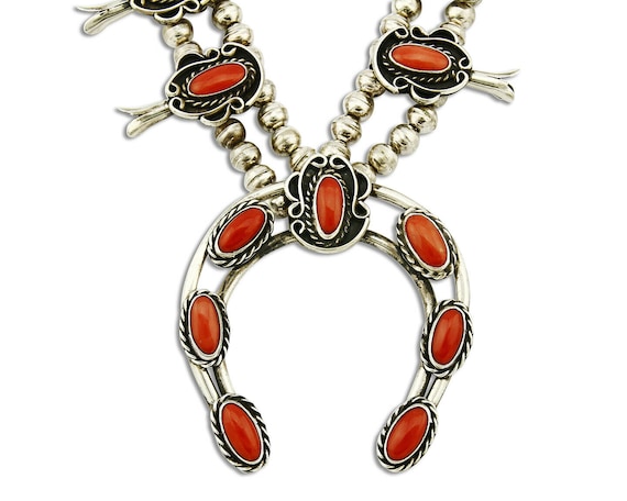 Woman's Navajo Squash Necklace .925 Silver Red Co… - image 1