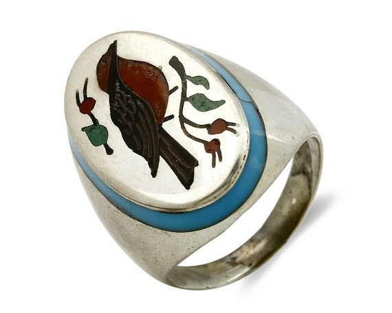 Navajo Bird Ring .925 Silver Inlaid MOP and Pin S… - image 1