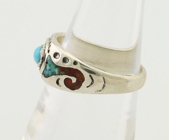 Navajo Ring 925 Silver Turquoise & Coral Natural … - image 5