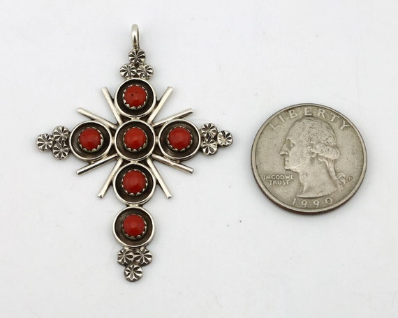 Zuni Handmade Cross Necklace 925 Silver Red Coral… - image 6