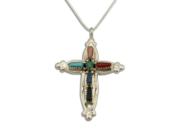 Zuni Handmade Cross Necklace 925 Silver Natural G… - image 1