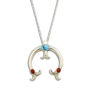 C.1980&#39;s Navajo Natural Turquoise & Coral .925 SOLID Silver Naja Necklace