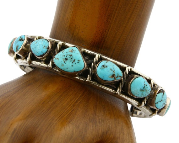 Navajo Natural Blue Turquoise Bracelet .925 Silver Signed LV C 