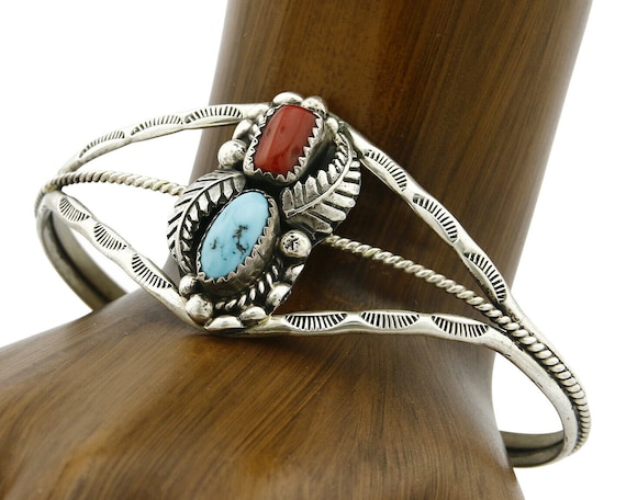 Navajo Bracelet .925 Silver Turquoise & Red Coral Signed SC - Etsy