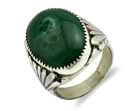 Navajo Ring .925 Silver Natural Malachite Signed Artist P Handmade 