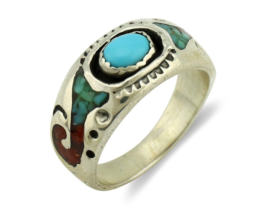Navajo Handmade Ring 925 Silver Blue Turquoise & Coral Native American ...