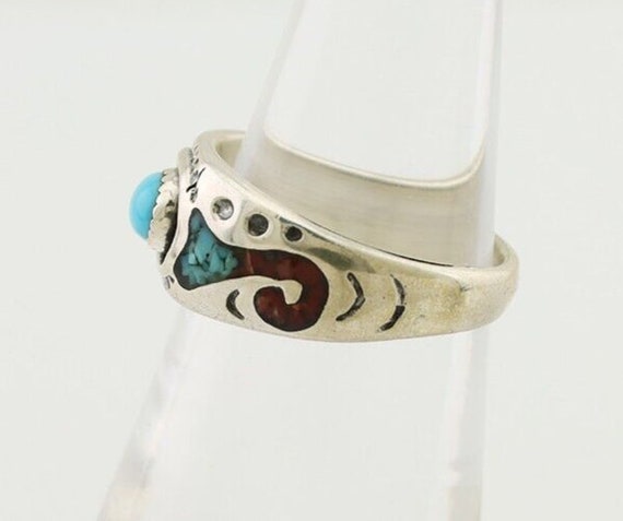 Navajo Ring 925 Silver Turquoise & Coral Natural … - image 5