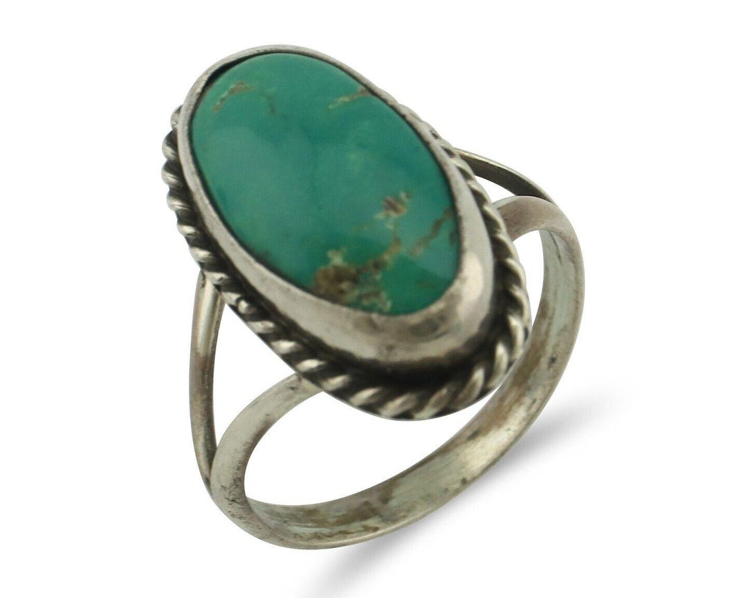 Navajo Ring .925 Silver Natural Green Kingman Turquoise Native Signed C ...