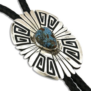 Navajo Turquoise Bolo Tie .925 Silver Bisbee Turquoise Artist Signed T Billy