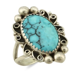 Bague Navajo en argent 925, toile d'araignée, turquoise, artiste amérindien des années 80