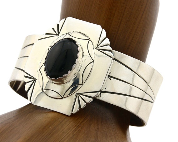 Navajo Bracelet .925 Silver Artist Signed NJ Black Onyx C Navajo Bracelet .925 Silver Artist Signed NJ Black Onyx C
