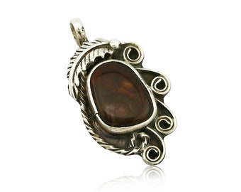 Navajo Josephine Rojas Natural Mined Fire Agate .925 Silver Handmade Pendant