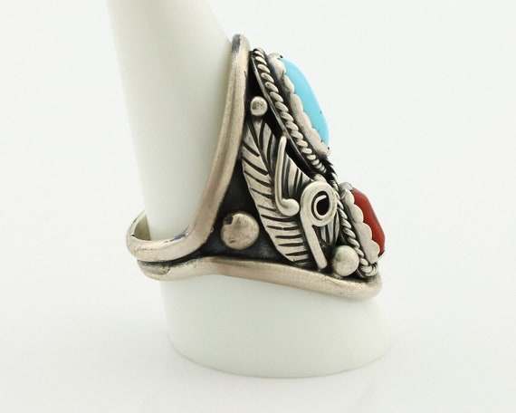 Navajo Ring 925 Silver Blue Turquiose & Coral Art… - image 6