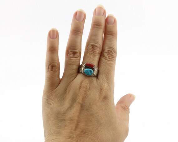 Zuni Ring .925 Silver Natural Turquoise & Coral N… - image 8