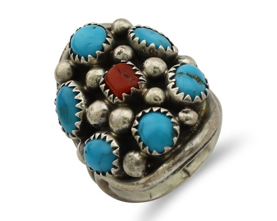 Navajo Ring 925 Silver Blue Turquiose & Coral Art… - image 1