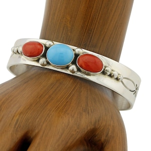 C. 1980&#39;s Navajo Leonard James Natural Coral & Turquoise .925 Silver Cuff
