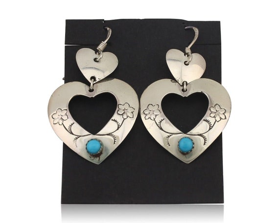 Navajo Dangle Heart Earrings Handmade 925 Silver … - image 1