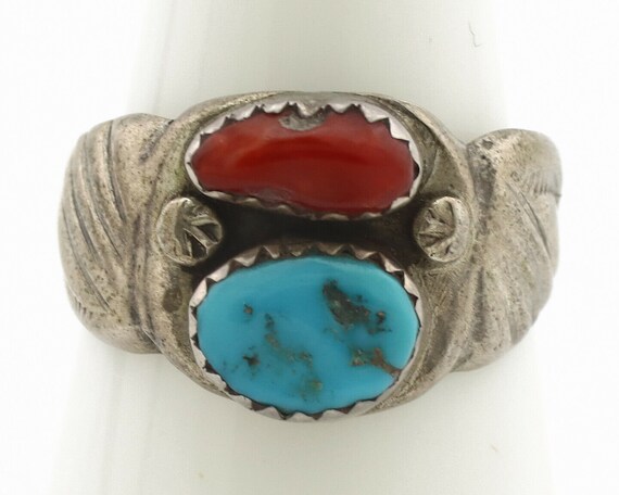 Zuni Ring .925 Silver Natural Turquoise & Coral N… - image 4
